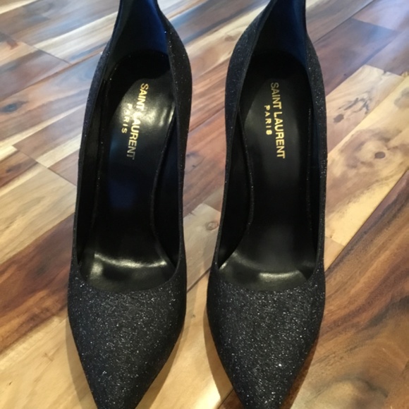 GORGEOUS SAINT LAURENT GLITTER CREPE EVENING 5” HEELS W/ HIGH BACK SZ IT 40 - Picture 3 of 10